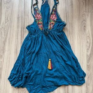 Free People Blue Embroidered Halter Sundress